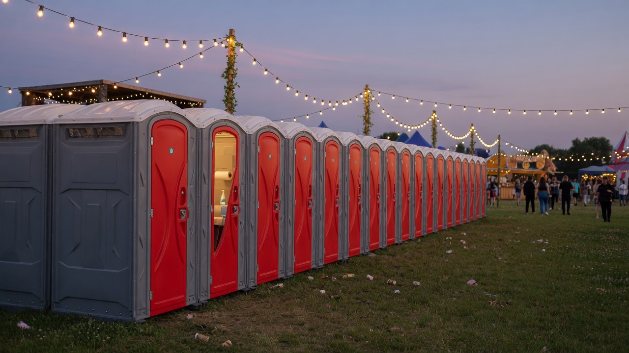 Rad mobilných toaliet na večernom festivale